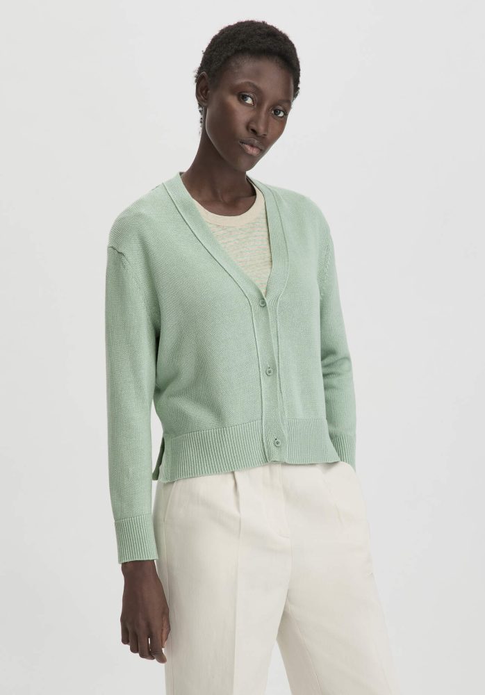 hessnatur Damen Strick Jacke Relaxed aus Bio-Baumwolle mit Leinen - grün GrösseXS