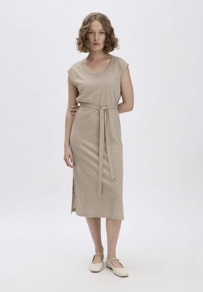 hessnatur Damen Jersey Kleid Midi Relaxed aus Leinen und Bio-Baumwolle - beige Grösse42