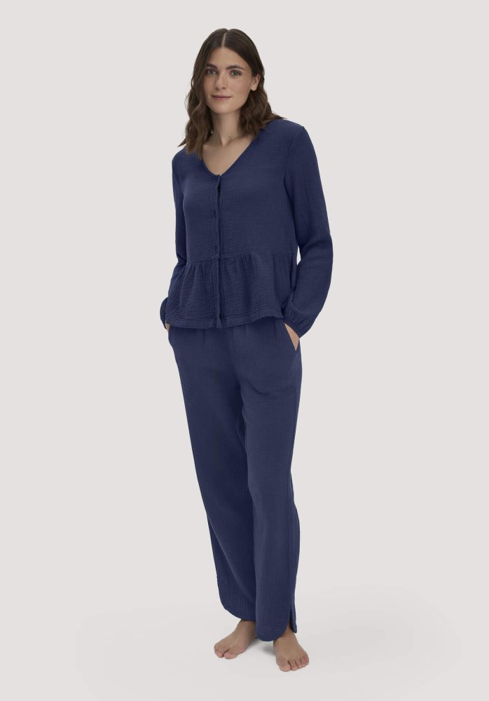 hessnatur Damen Musselin Schlafhose Regular PURE COMFORT aus Bio-Baumwolle - blau Grösse34