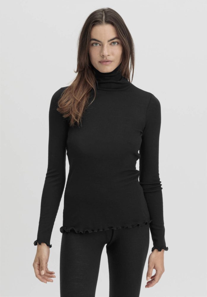 hessnatur Damen Longsleeve mit Rollkragen WARM TOUCH aus Bio-Merinowolle und TENCEL™ Lyocell - schwarz Grösse34
