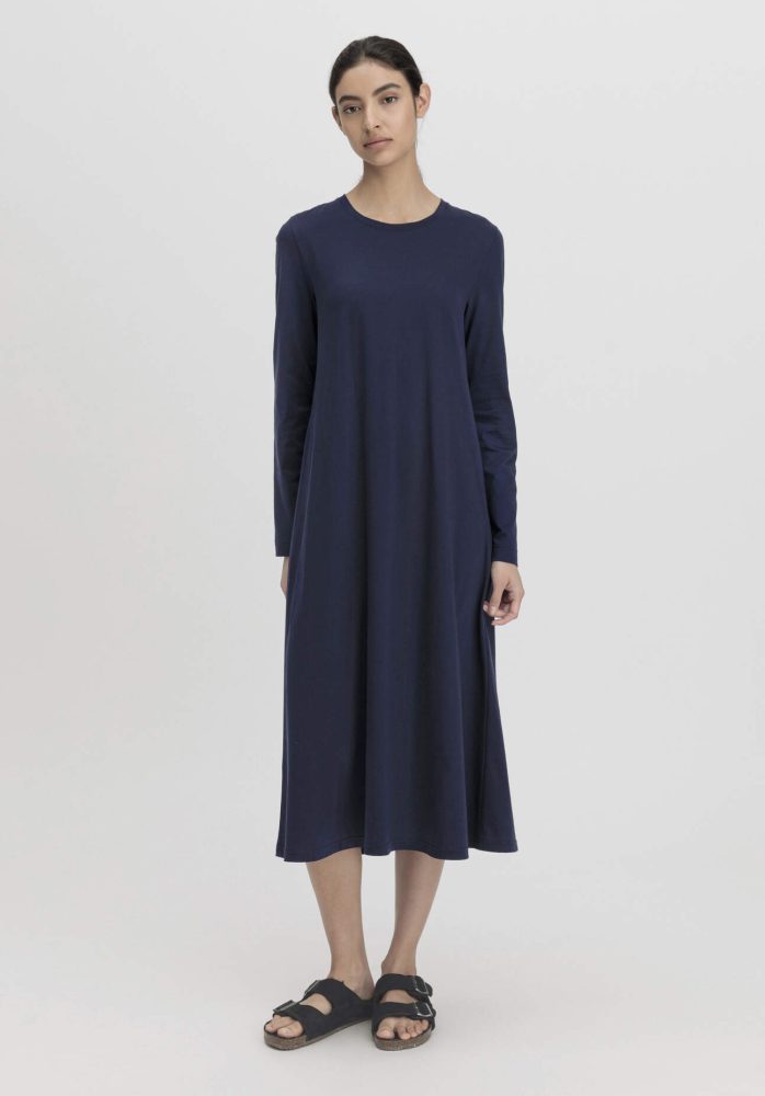 hessnatur Damen Langarm Nachthemd Slim PURE COTTON aus Bio-Baumwolle - blau Grösse34