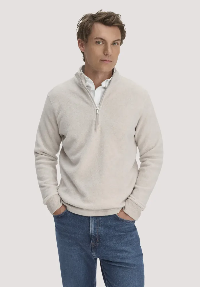 hessnatur Herren Fleece Troyer Relaxed aus Bio-Baumwolle - beige - Größe 56