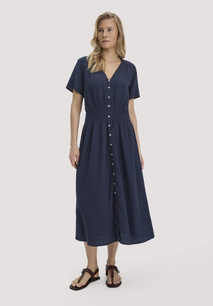 hessnatur Damen Musselin Kleid mit Taillierung Midi aus Bio-Baumwolle - blau Grösse36