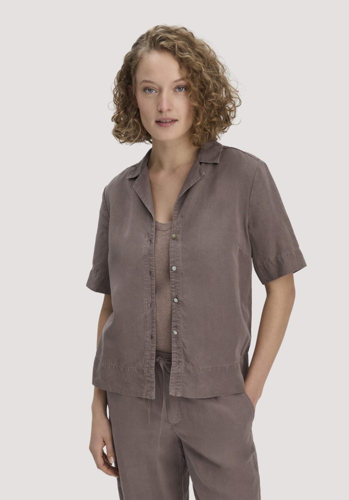 hessnatur Damen Bluse Relaxed aus TENCEL™ Lyocell mit Leinen - braun Grösse38