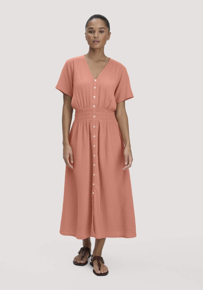 hessnatur Damen Musselin Kleid mit Taillierung Midi aus Bio-Baumwolle - orange Grösse36