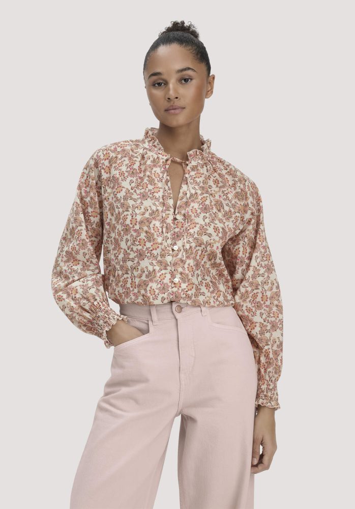 hessnatur Damen Print Bluse Relaxed aus Bio-Baumwolle - beige Grösse38
