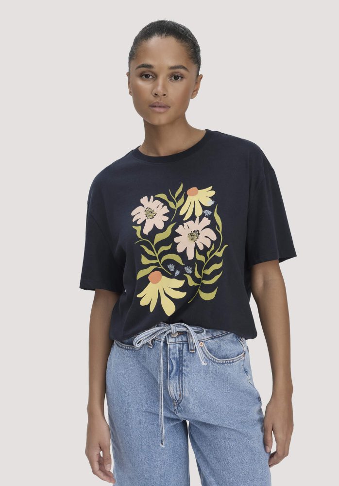 hessnatur Damen Print T-Shirt Oversize aus Bio-Baumwolle - blau GrösseXS