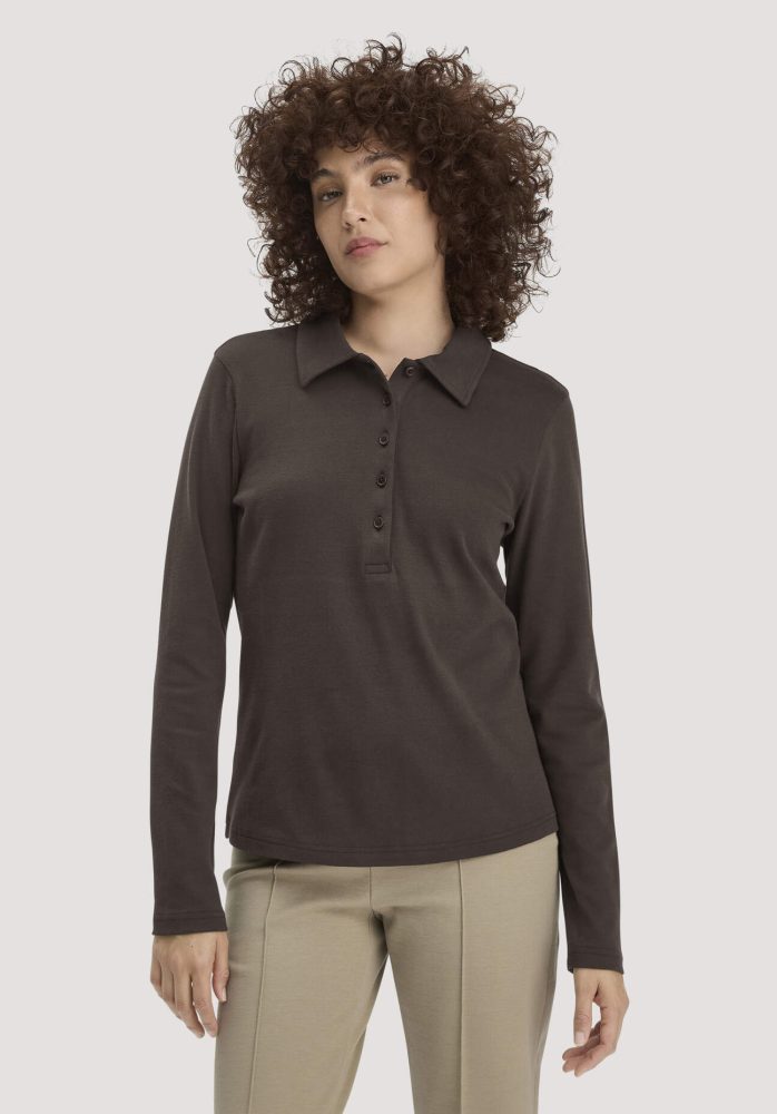 hessnatur Damen Longsleeve Polo Slim aus Bio-Baumwolle - braun Grösse36