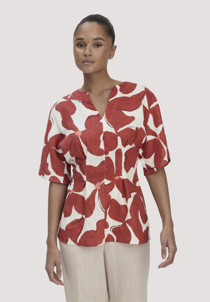 hessnatur Damen Print Bluse Relaxed aus Leinen - braun Grösse34