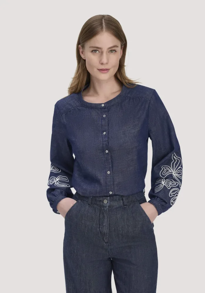hessnatur Damen Jeans Bluse Embroidery Relaxed aus Bio-Baumwolle - blau Grösse48