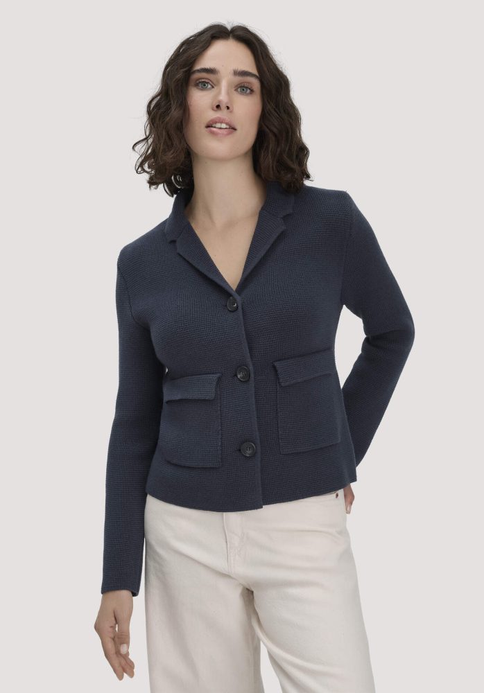 hessnatur Damen Strick Blazer Regular aus Bio-Baumwolle mit Merinowolle - blau GrösseL