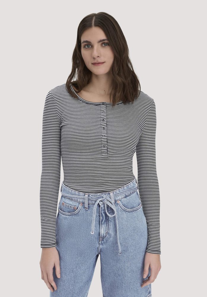 hessnatur Damen Softrib Longsleeve Streifen Henley Fitted aus Bio-Baumwolle und TENCEL™ Modal - blau Grösse38