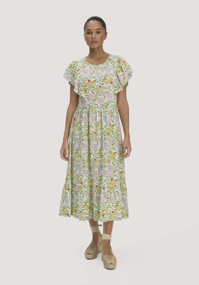 hessnatur Damen Print Jersey Kleid Midi Relaxed aus Bio-Baumwolle - blau - Größe 46