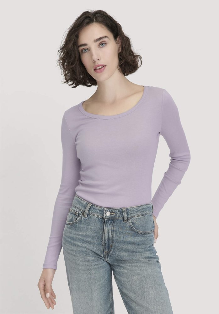 hessnatur Damen Softrib Longsleeve Fitted aus Bio-Baumwolle und TENCEL™ Modal - lila Grösse48