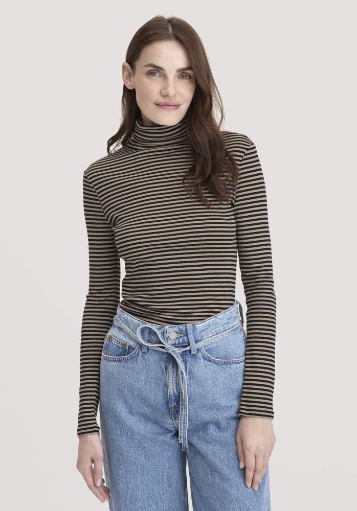 hessnatur Damen Streifen Softrib Longsleeve Fitted aus Bio-Baumwolle und Modal - beige Grösse46