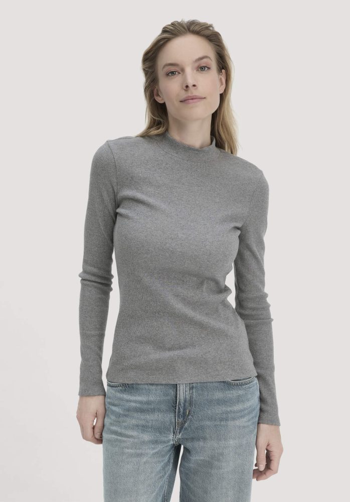 hessnatur Damen Rib Longsleeve Slim aus Bio-Baumwolle - grau Grösse44