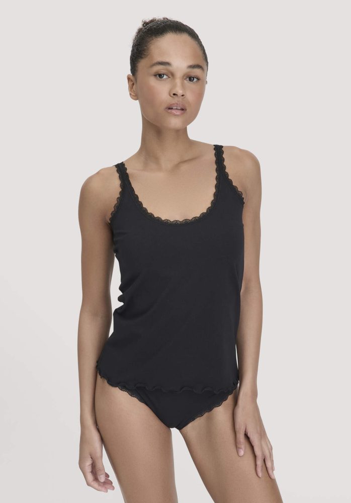 hessnatur Damen Tanktop COTTON FEEL LACE aus Bio-Baumwolle - schwarz Grösse46