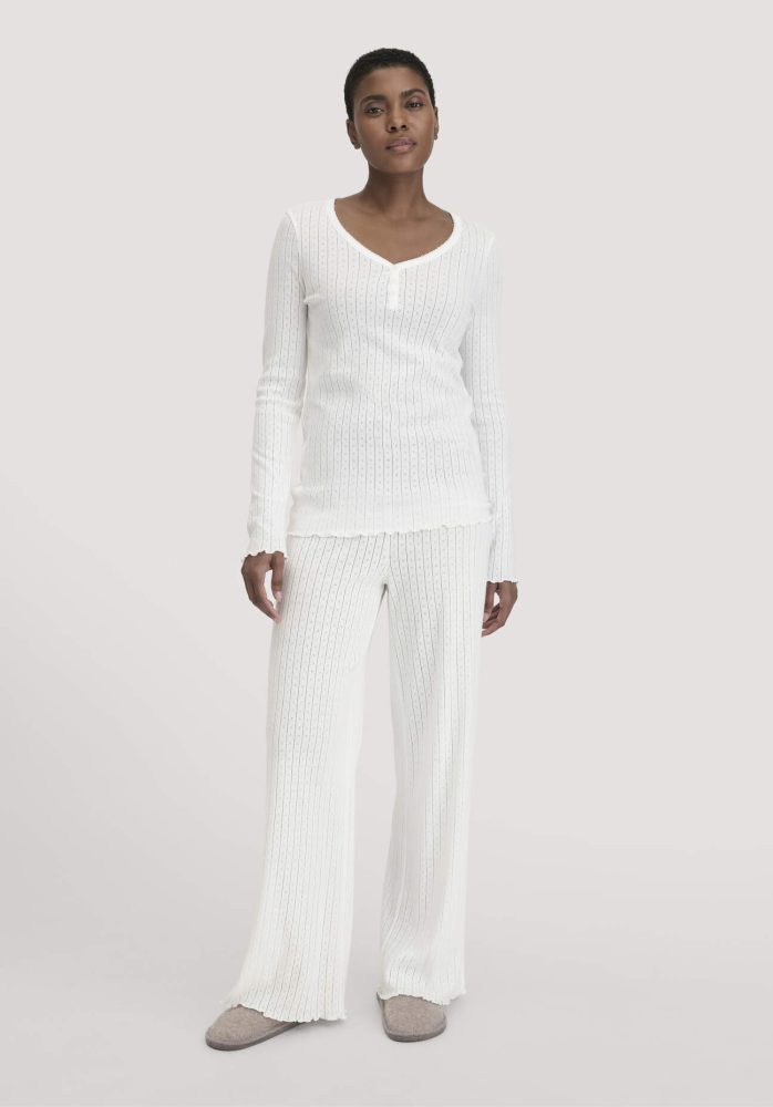 hessnatur Damen Pointelle Schlafhose Relaxed PURE COTTON aus Bio-Baumwolle - weiß Grösse40