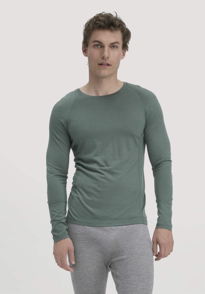hessnatur Herren Wool-Silk Longsleeve aus Bio-Merinowolle mit Seide - grün Grösse56