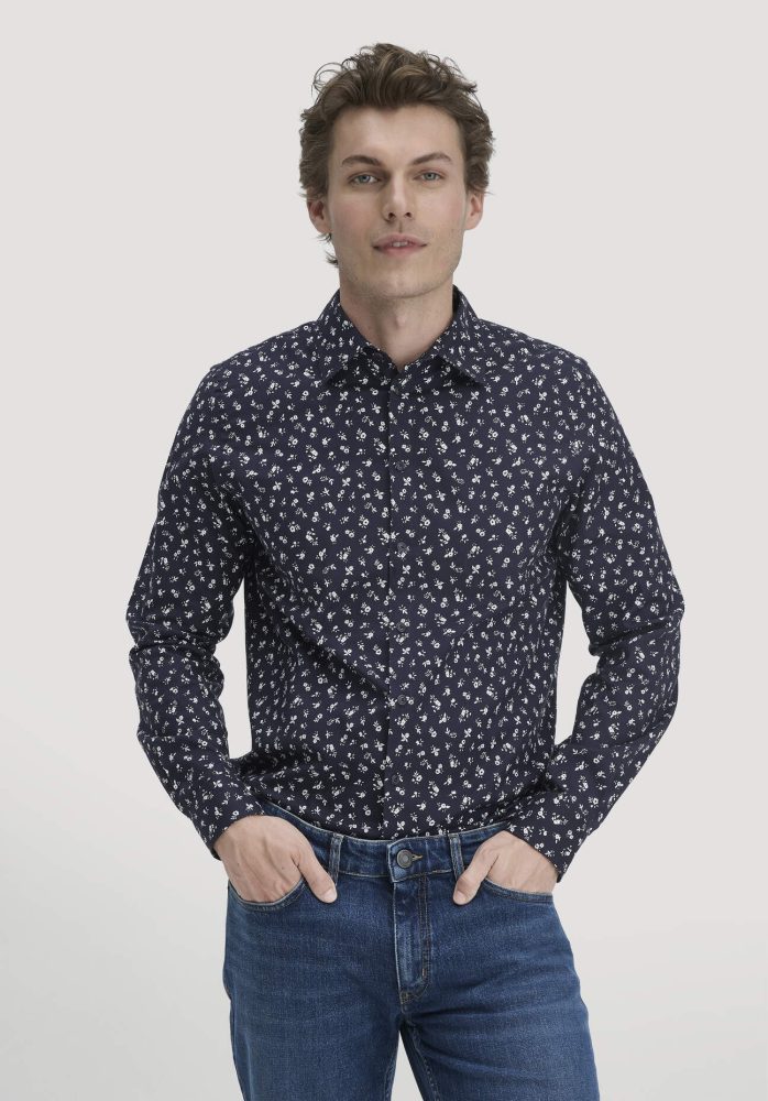 hessnatur Herren Print Hemd Regular aus Bio-Baumwolle - blau GrösseXXL (45/46)