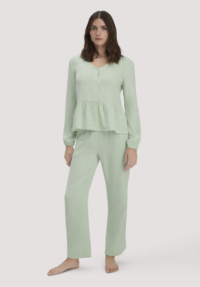 hessnatur Damen Musselin Schlafhose Regular PURE COMFORT aus Bio-Baumwolle - grün Grösse40