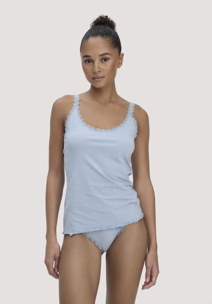 hessnatur Damen Tanktop COTTON FEEL LACE aus Bio-Baumwolle - blau Grösse34