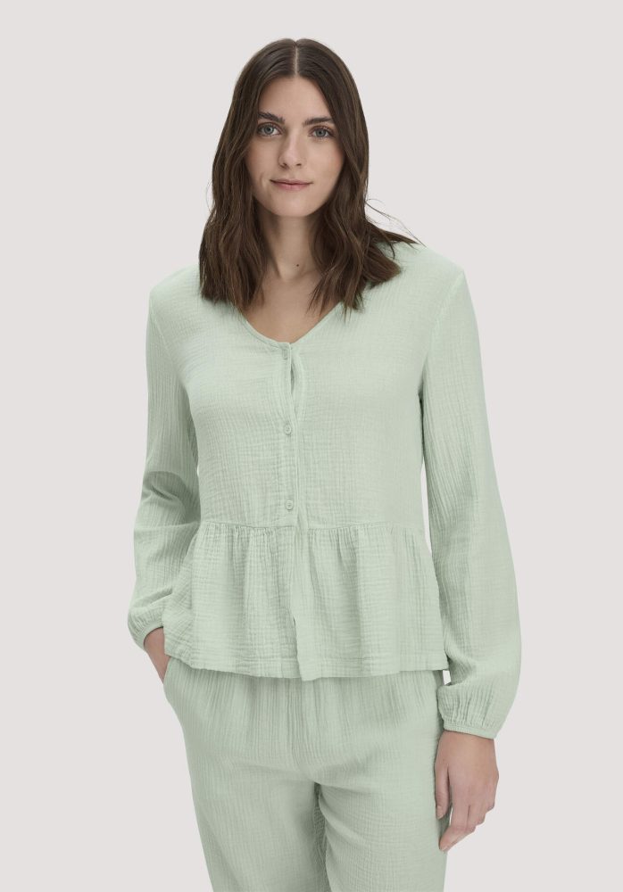 hessnatur Damen Musselin Pyjamabluse PURE COMFORT aus Bio-Baumwolle - grün Grösse34