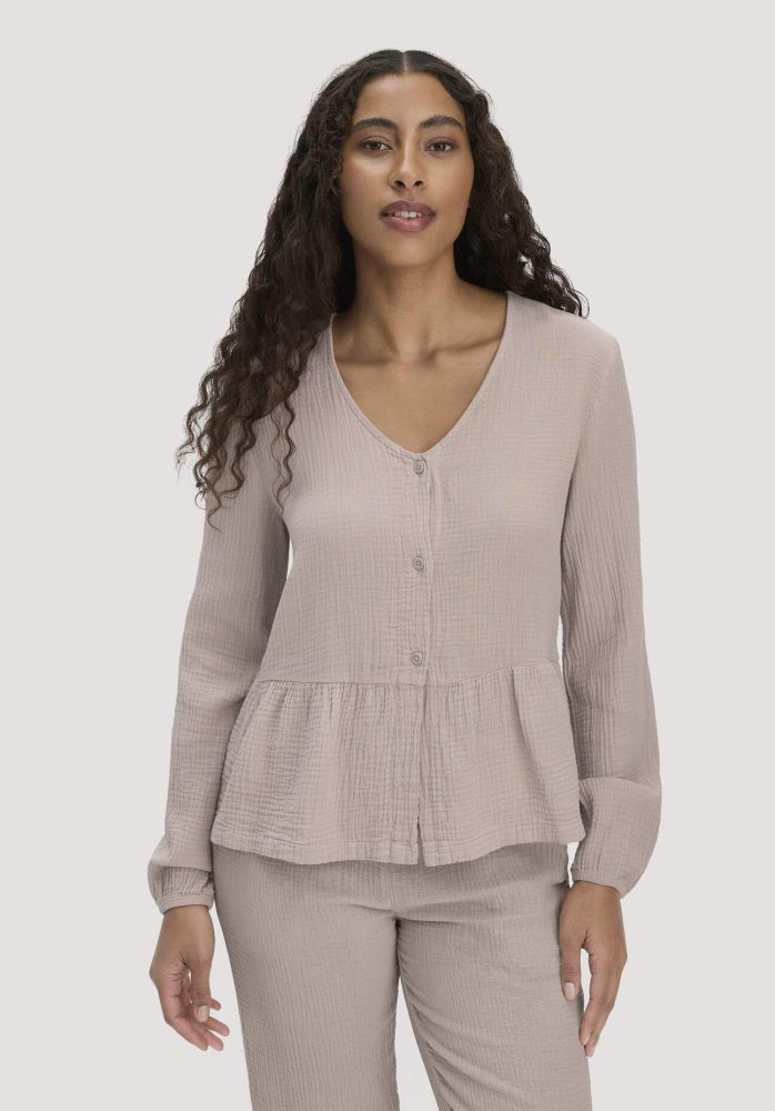 hessnatur Damen Musselin Pyjamabluse PURE COMFORT aus Bio-Baumwolle - beige Grösse38