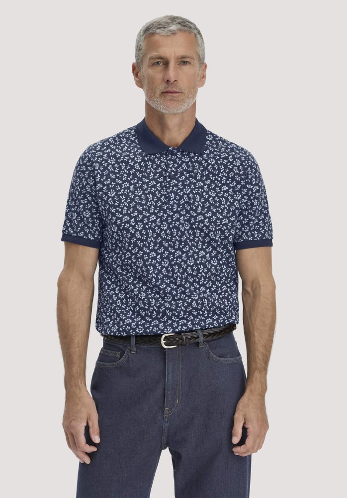 hessnatur Herren Print Piqué Polo Relaxed aus Bio-Baumwolle - blau Grösse50