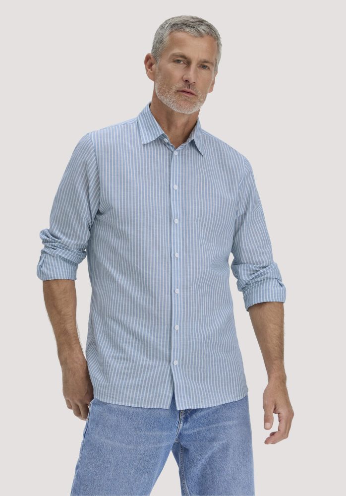 hessnatur Herren Streifen Hemd Regular aus Bio-Baumwolle mit Leinen - blau GrösseXXL (45/46)