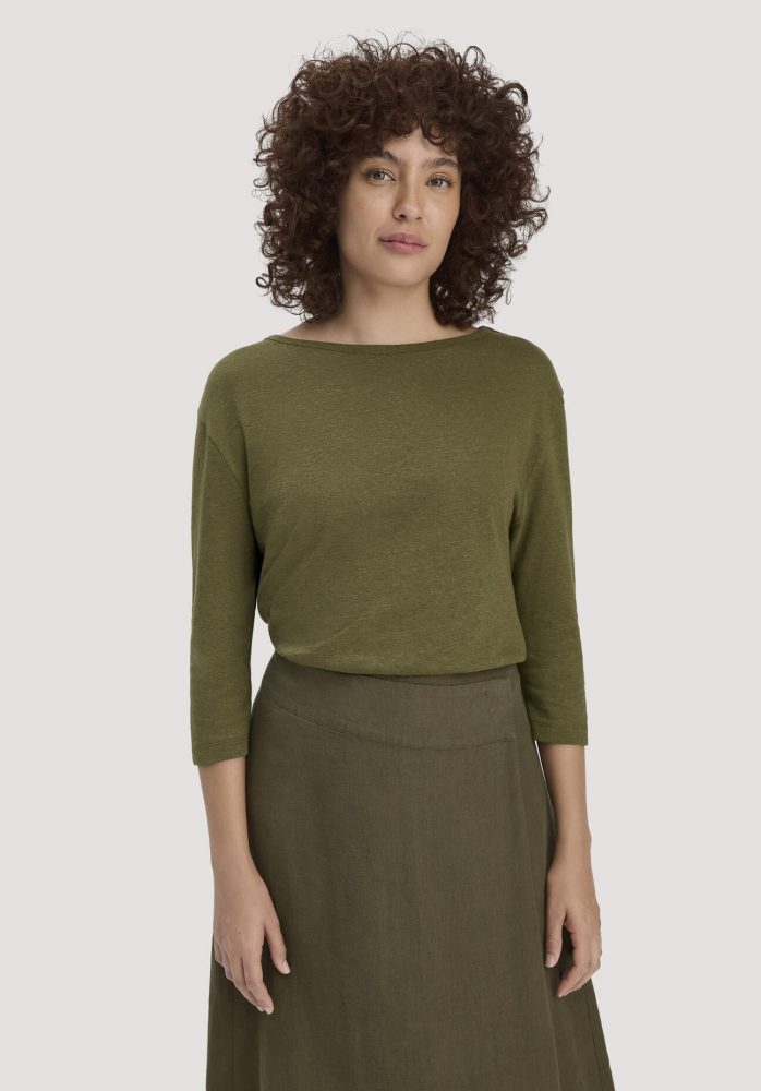 hessnatur Damen Longsleeve Relaxed aus Leinen mit reiner Bio-Baumwolle - grün Grösse46