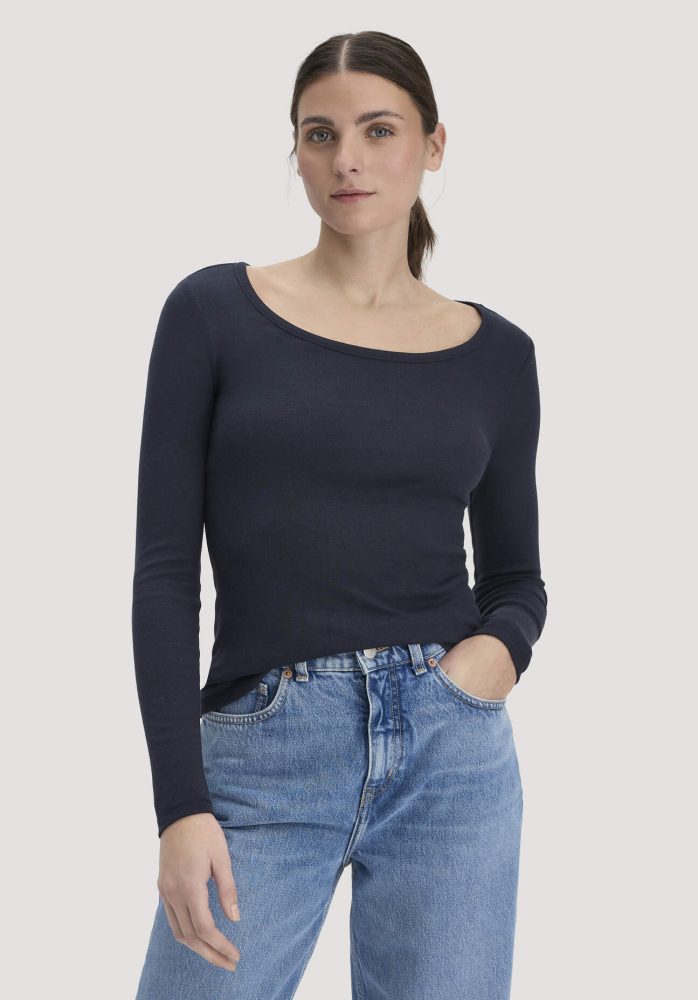 hessnatur Damen Softrib Longsleeve Fitted aus Bio-Baumwolle und TENCEL™ Modal - blau Grösse48