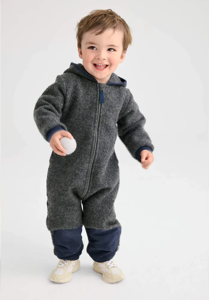 hessnatur Baby Wollwalk Overall aus Bio-Merinowolle mit Softshell - grau Grösse74/80