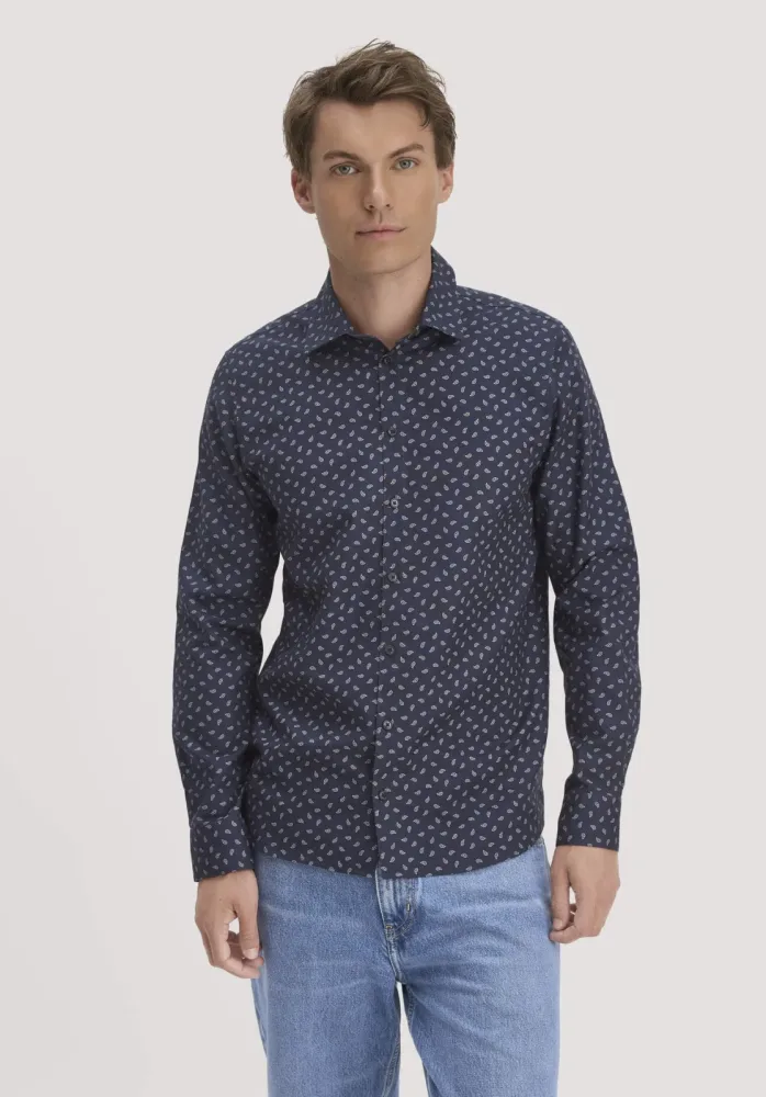 hessnatur Herren Print Hemd Regular aus Bio-Baumwolle - blau - Größe XXL (45/46)