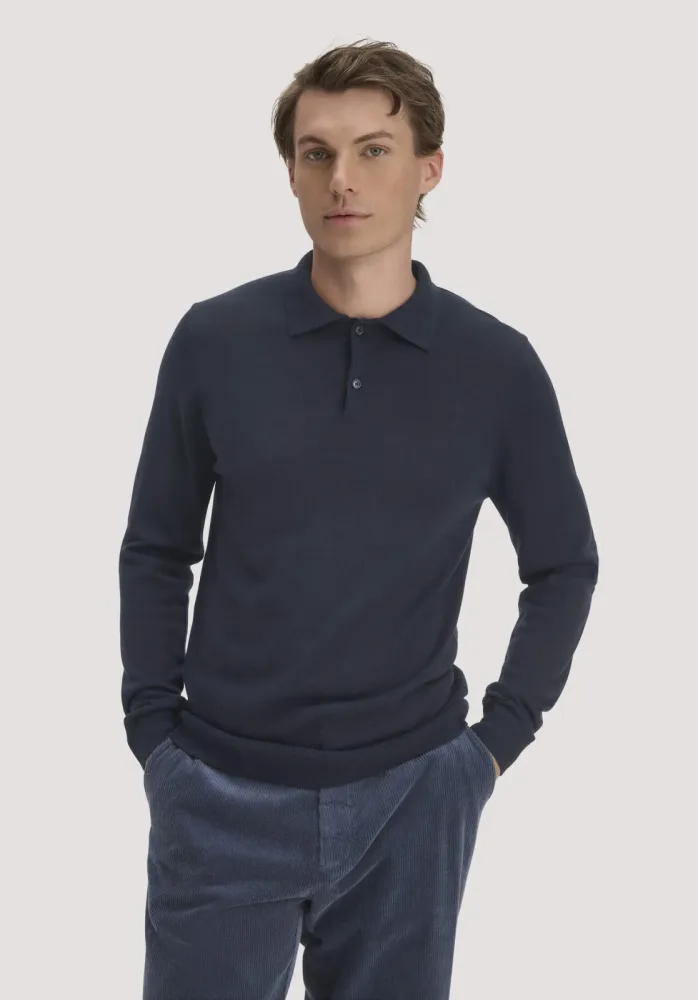 hessnatur Herren Strick Polo Regular aus Bio-Merinowolle - blau - Größe L