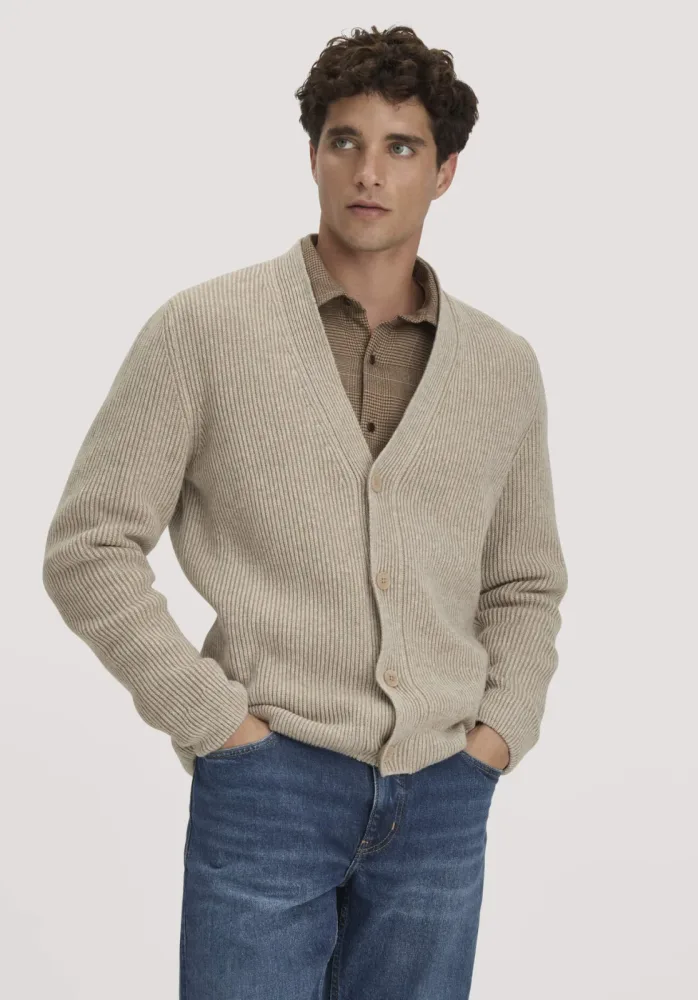 hessnatur Herren Double-Knit Cardigan Regular aus Bio-Baumwolle und Bio-Merinowolle mit recycelter Wolle - beige GrösseS