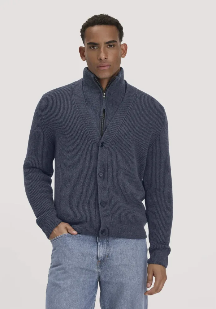 hessnatur Herren Double-Knit Cardigan Regular aus Bio-Baumwolle und Bio-Merinowolle mit recycelter Wolle - blau GrösseL