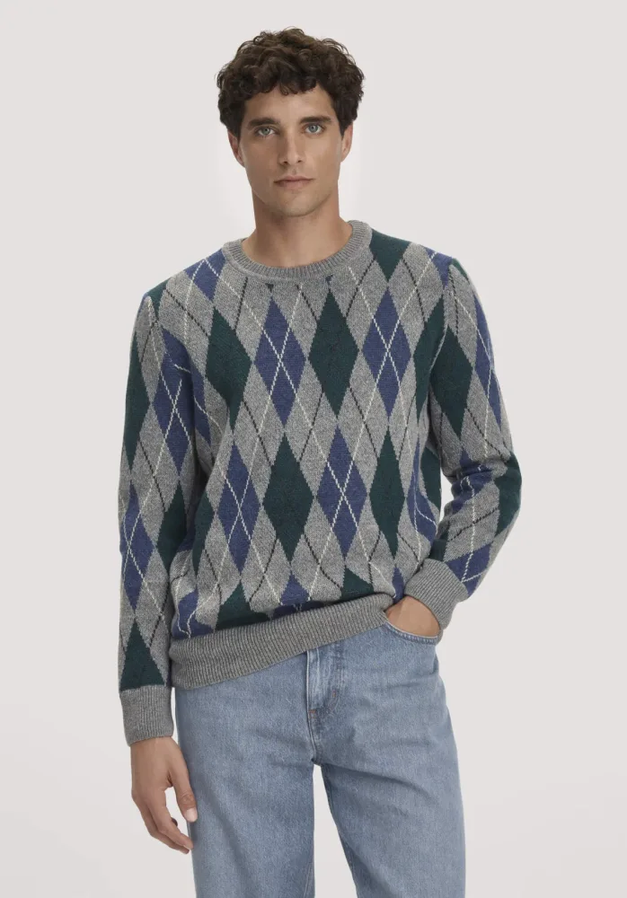 hessnatur Herren Argyle Strickpullover Regular aus Schurwolle und Bio-Baumwolle - grau - Größe S
