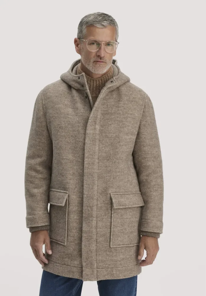hessnatur Herren Rhön Mantel mit Kapuze Regular aus Rhönwolle und europäischer Wolle - beige Grösse46