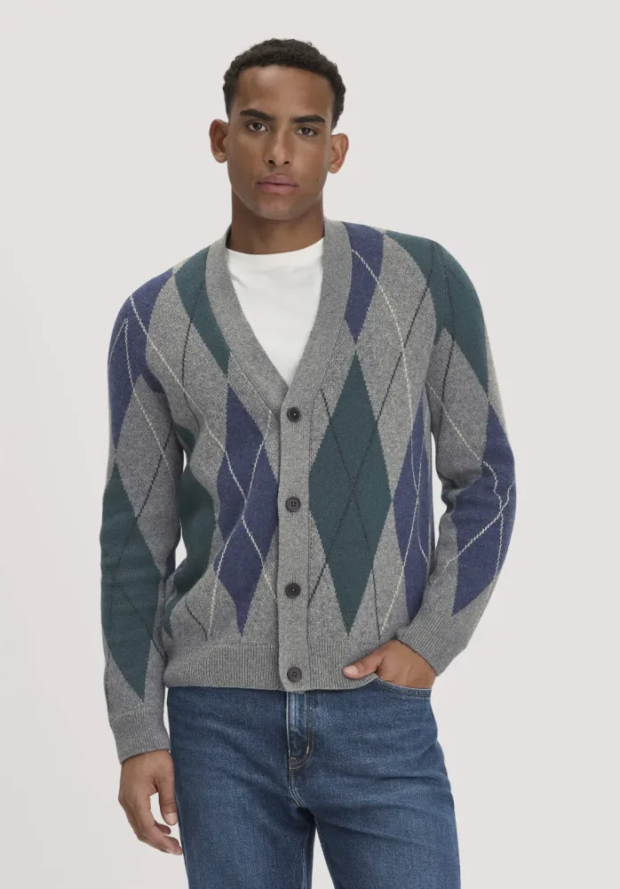 hessnatur Herren Argyle Strick Cardigan Regular aus Schurwolle und Bio-Baumwolle - grau - Größe L