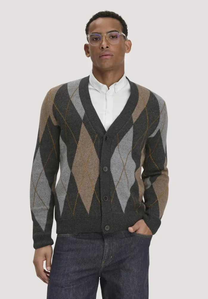 hessnatur Herren Argyle Strick Cardigan Regular aus Schurwolle und Bio-Baumwolle - grau - Größe M