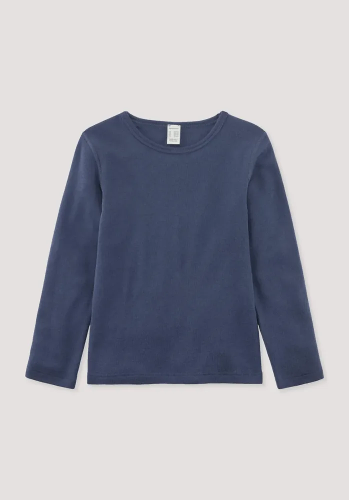 hessnatur Kinder  Langarmshirt aus Bio-Merinowolle mit Seide - blau - Größe 110/116