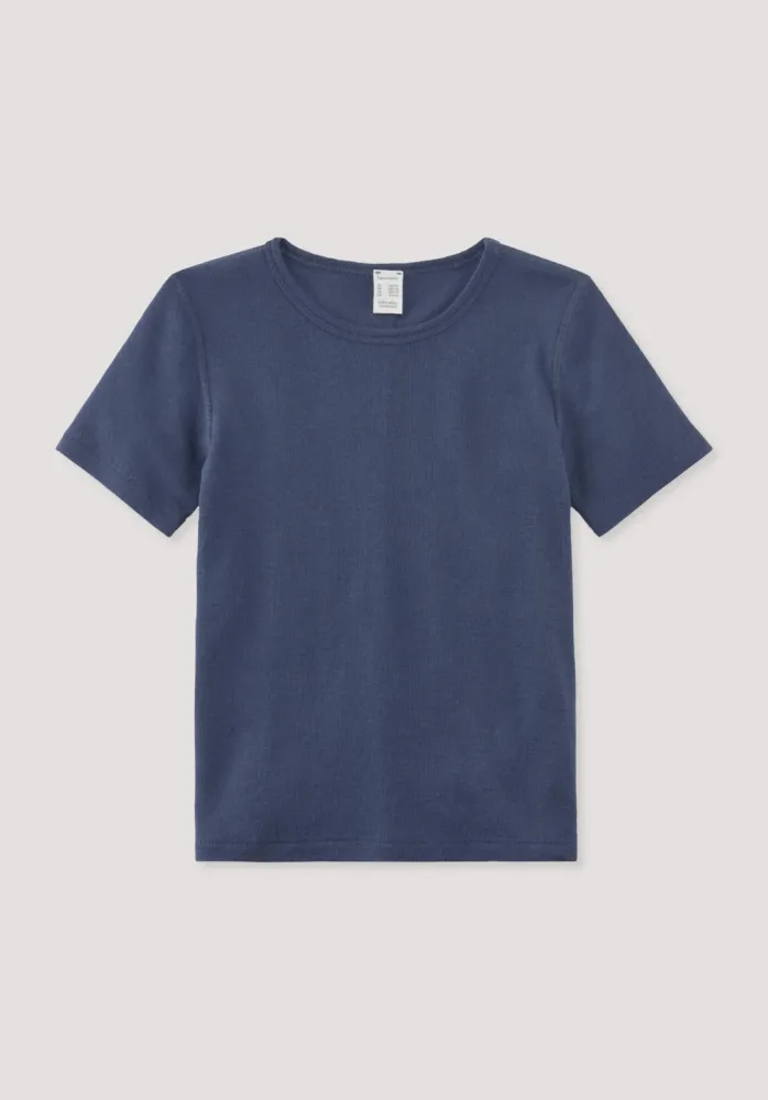 hessnatur Kinder  Kurzarmshirt aus Bio-Merinowolle mit Seide - blau - Größe 134/140
