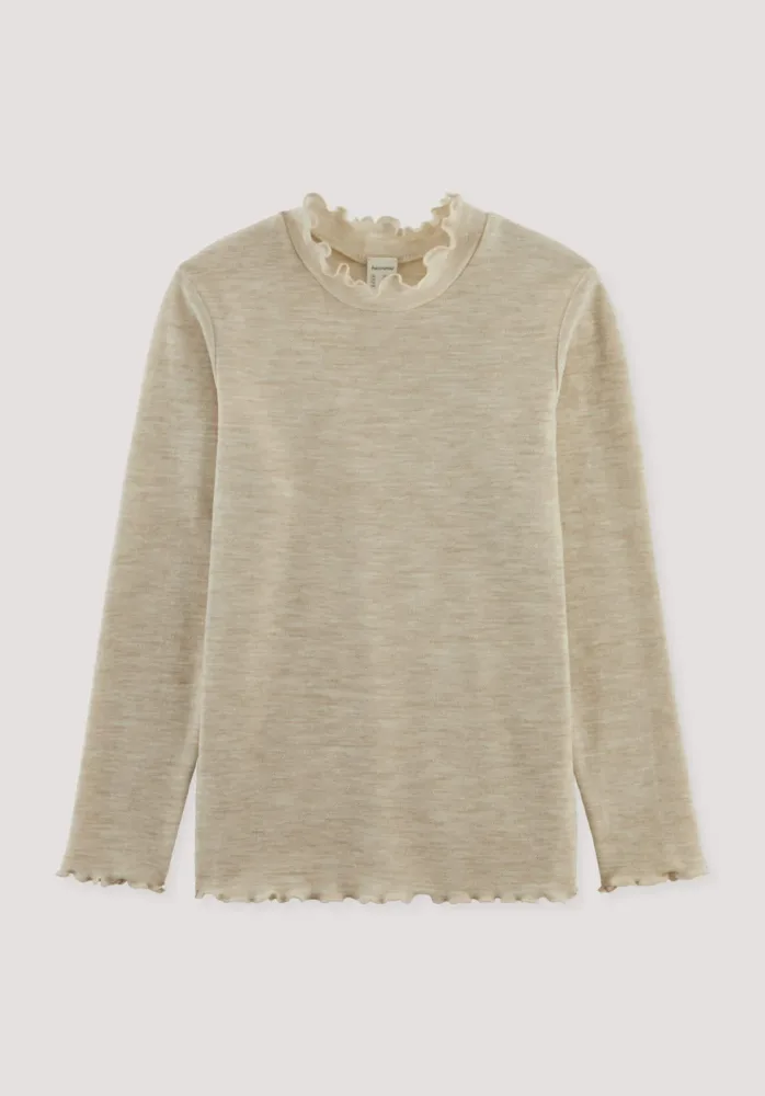hessnatur Kinder  Pointelle Langarmshirt aus Bio-Merinowolle - beige - Größe 122/128