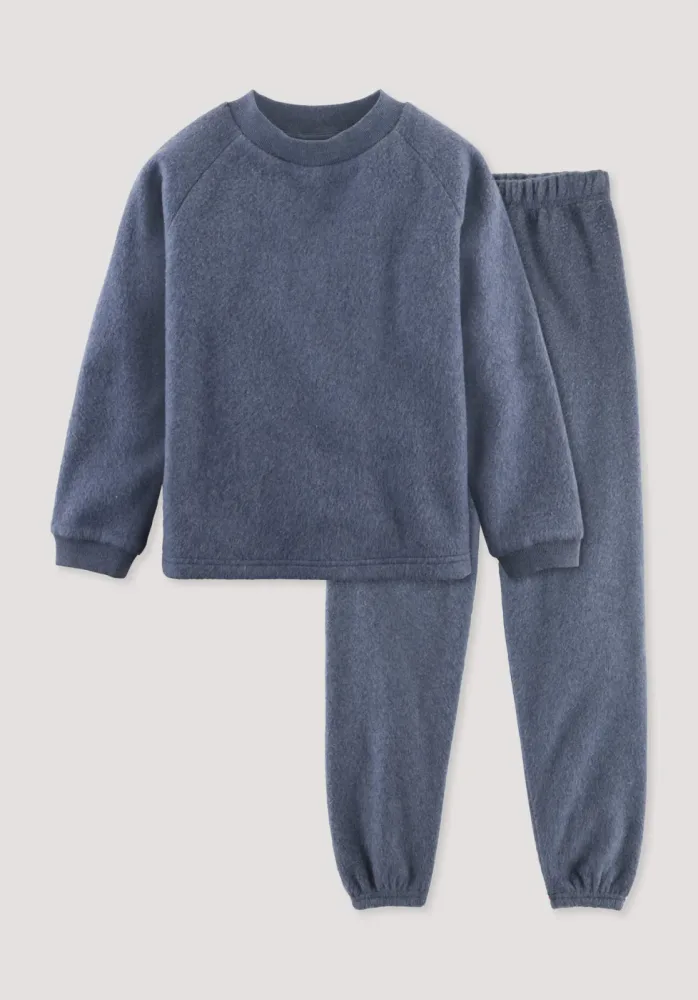hessnatur Kinder  Fleece Pyjama Regular aus Bio-Baumwolle - blau - Größe 110/116