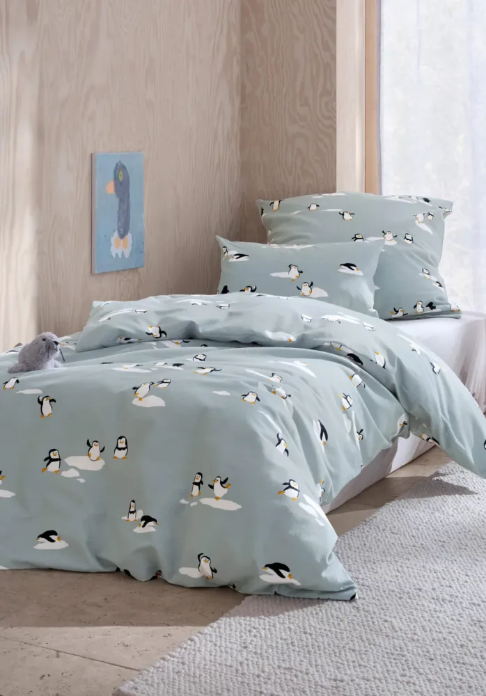 hessnatur Baby Biber Bettwäsche Pinguin aus Bio-Baumwolle - blau Grösse135x200 / 80x80 cm