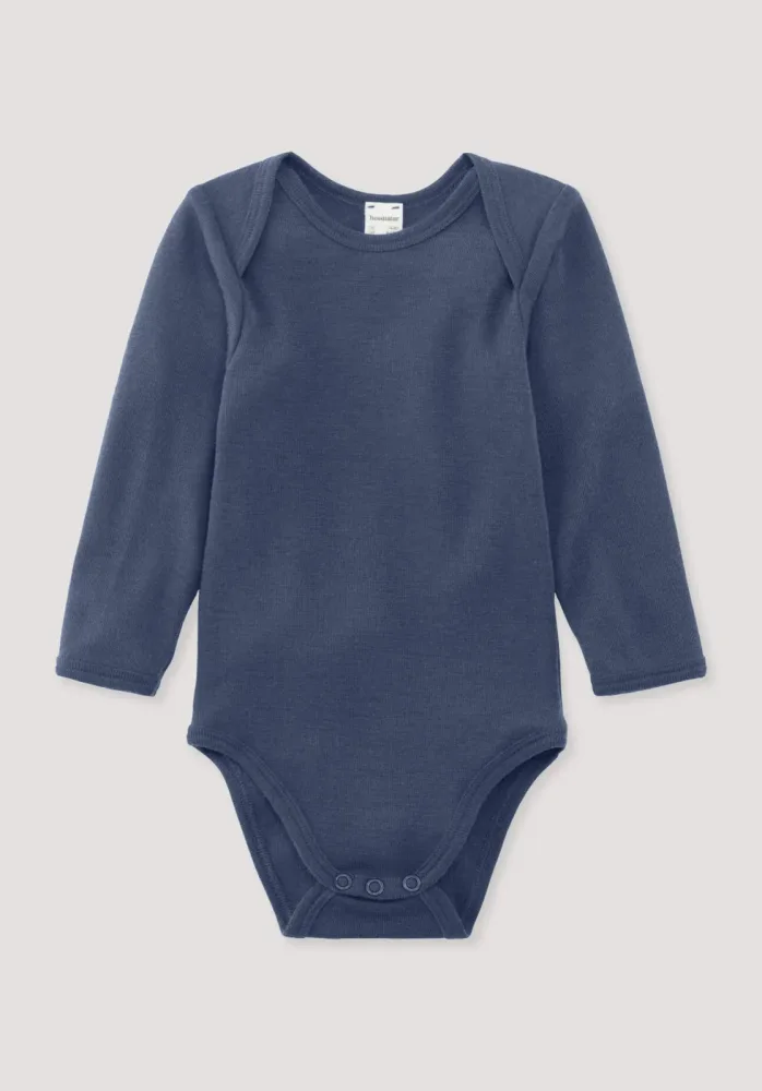 hessnatur Baby Langarm Body aus Bio-Merinowolle mit Seide - blau - Größe 62/68