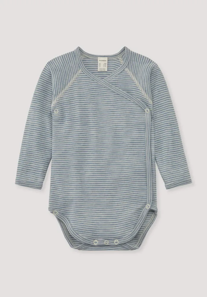 hessnatur Baby Langarm Wickelbody aus Bio-Merinowolle mit Seide - blau - Größe 62/68