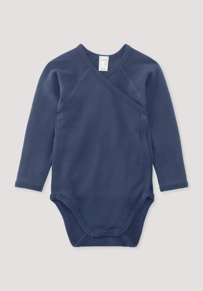 hessnatur Baby Langarm Wickelbody aus Bio-Merinowolle mit Seide - blau - Größe 50/56