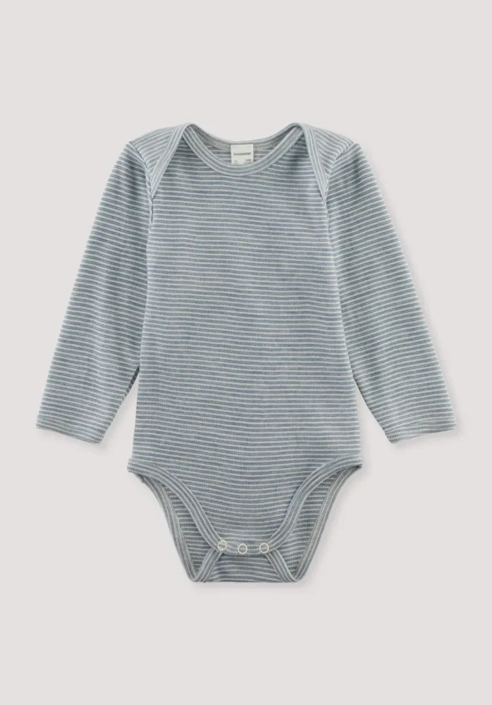 hessnatur Baby Langarm Body aus Bio-Merinowolle mit Seide - blau - Größe 62/68